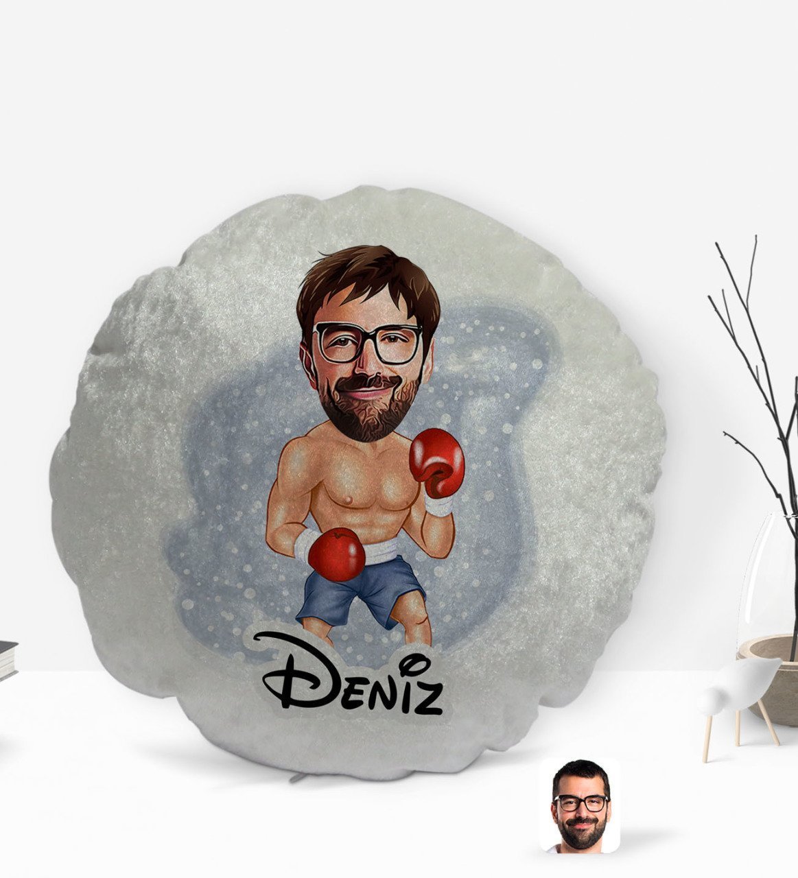 Kişiye Özel İsimli Erkek Boksör Karikatürlü Yuvarlak Dekoratif Kırlent Yastık-1