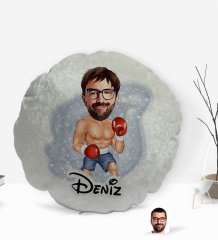 Kişiye Özel İsimli Erkek Boksör Karikatürlü Yuvarlak Dekoratif Kırlent Yastık-1