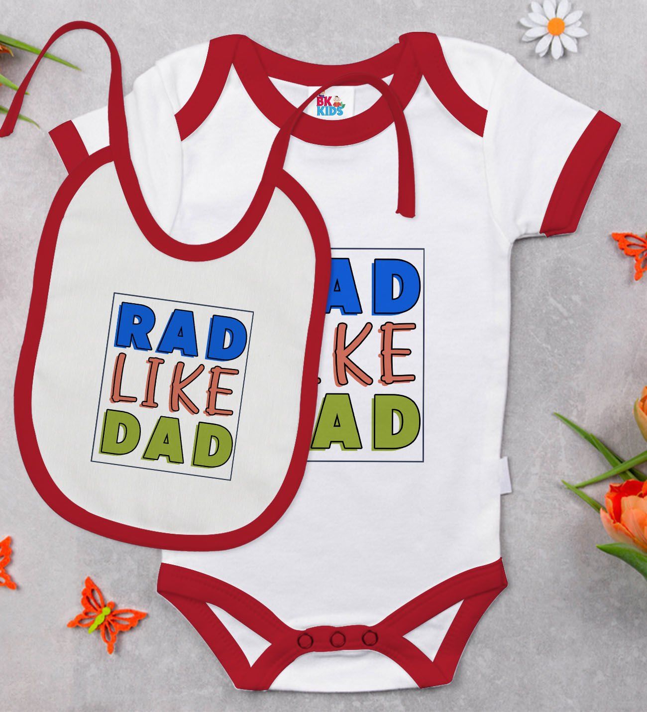 BK Kids Rad Like Dad Tasarımlı Kırmızı Bebek Body Zıbın ve Mama Önlüğü Hediye Seti-1