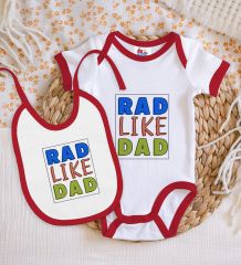 BK Kids Rad Like Dad Tasarımlı Kırmızı Bebek Body Zıbın ve Mama Önlüğü Hediye Seti-1