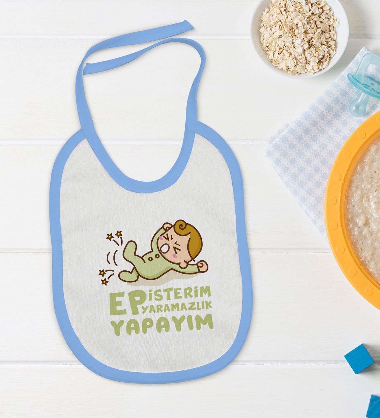 BK Kids Ep İsterim Tasarımlı Mavi Bebek Mama Önlüğü-2