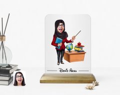Kişiye Özel Tesettürlü Kadın Öğretmen Karikatürlü Ahşap Standlı Çerçeve
