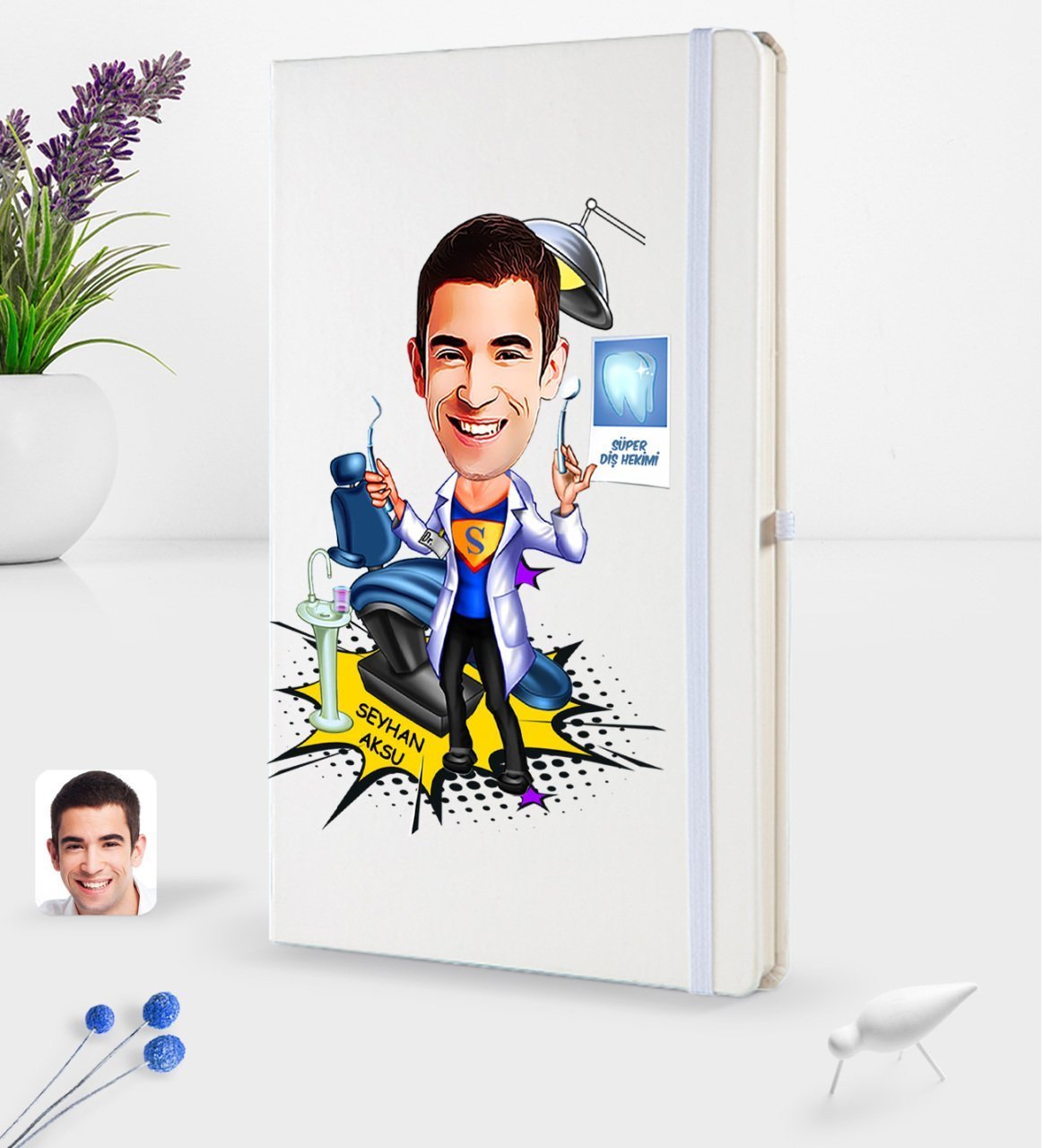 Kişiye Özel Erkek Diş Hekimi Karikatürlü Beyaz Termo Deri Defter 16x24cm Model 1