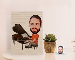 Kişiye Özel Erkek Piyanist Karikatürlü Otantik Masaüstü Ahşap Palet Çerçeve-1