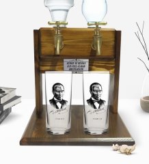 Kişiye Özel Renkli Baskılı Atatürk Tasarımlı İkili Rakı Bardağı ve Çift Musluklu Doğal Ahşap Rakı Standı-14