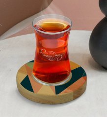 Kişiye Özel Modern Art Tasarımlı Doğal Ahşap Tabaklı Heybeli Çay Bardağı Model 8