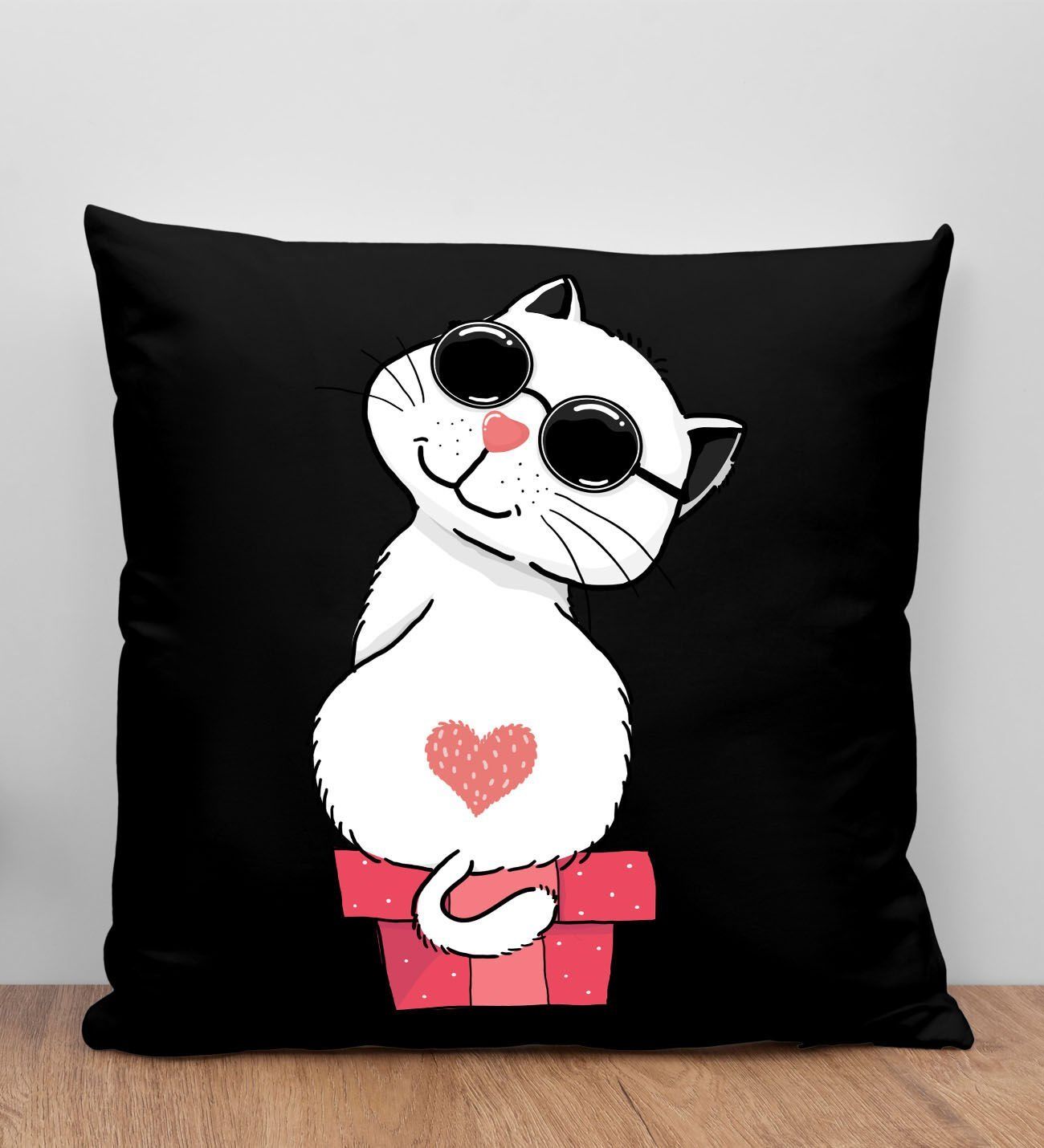 BK Gift Kedi Tasarımlı Siyah Kırlent Yastık, Arkadaşa Hediye, Ev Dekorasyonu, Ev Hediyesi-6