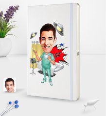 Kişiye Özel Erkek Cerrah Karikatürlü Beyaz Termo Deri Defter 16x24cm Model 1