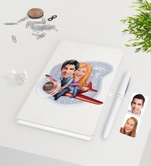 Kişiye Özel Sevgililer Karikatürlü Beyaz Defter Kalem Seti-11