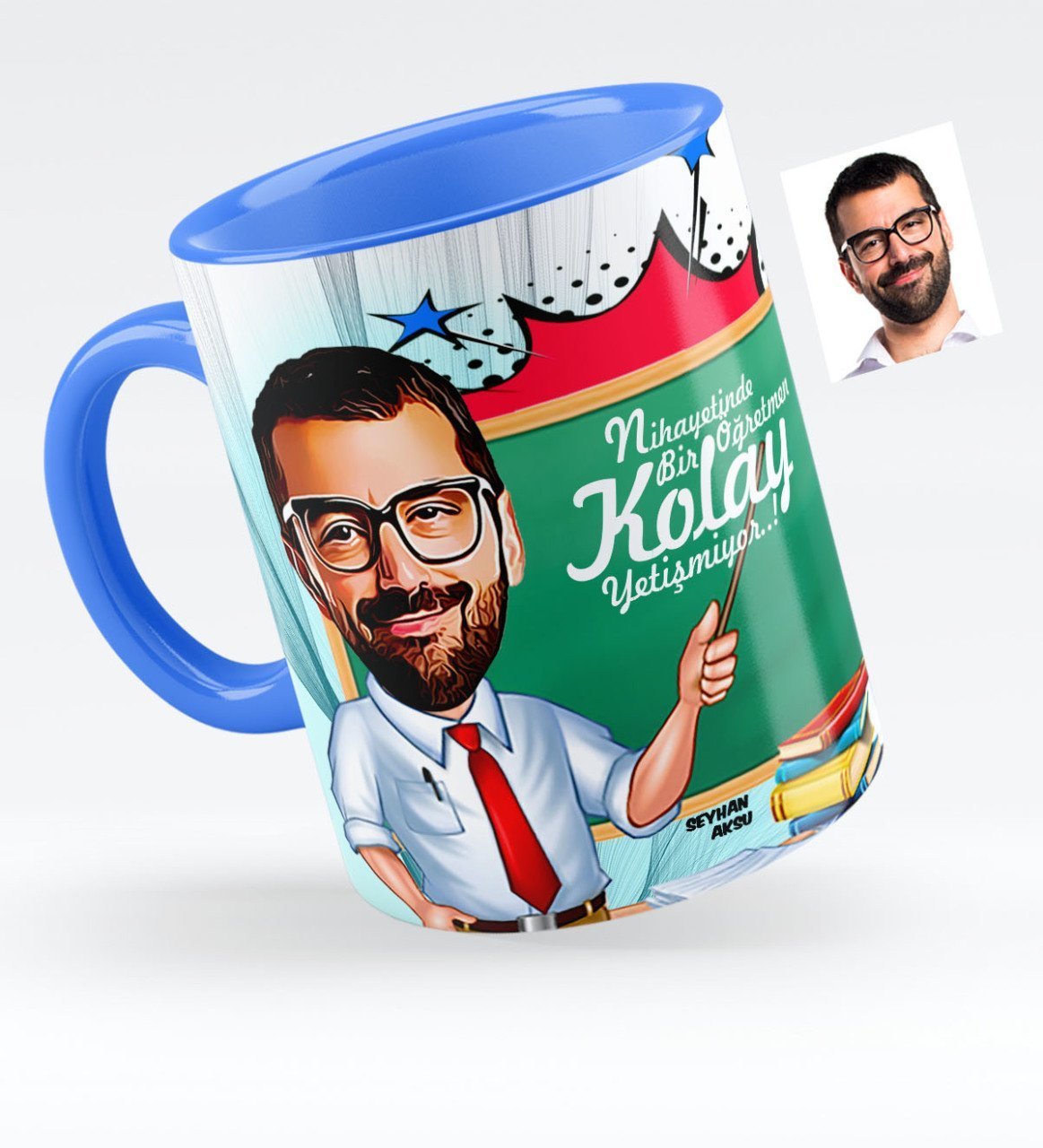 Kişiye Özel Bay Öğretmen Karikatürlü Mavi Kupa Bardak - 1