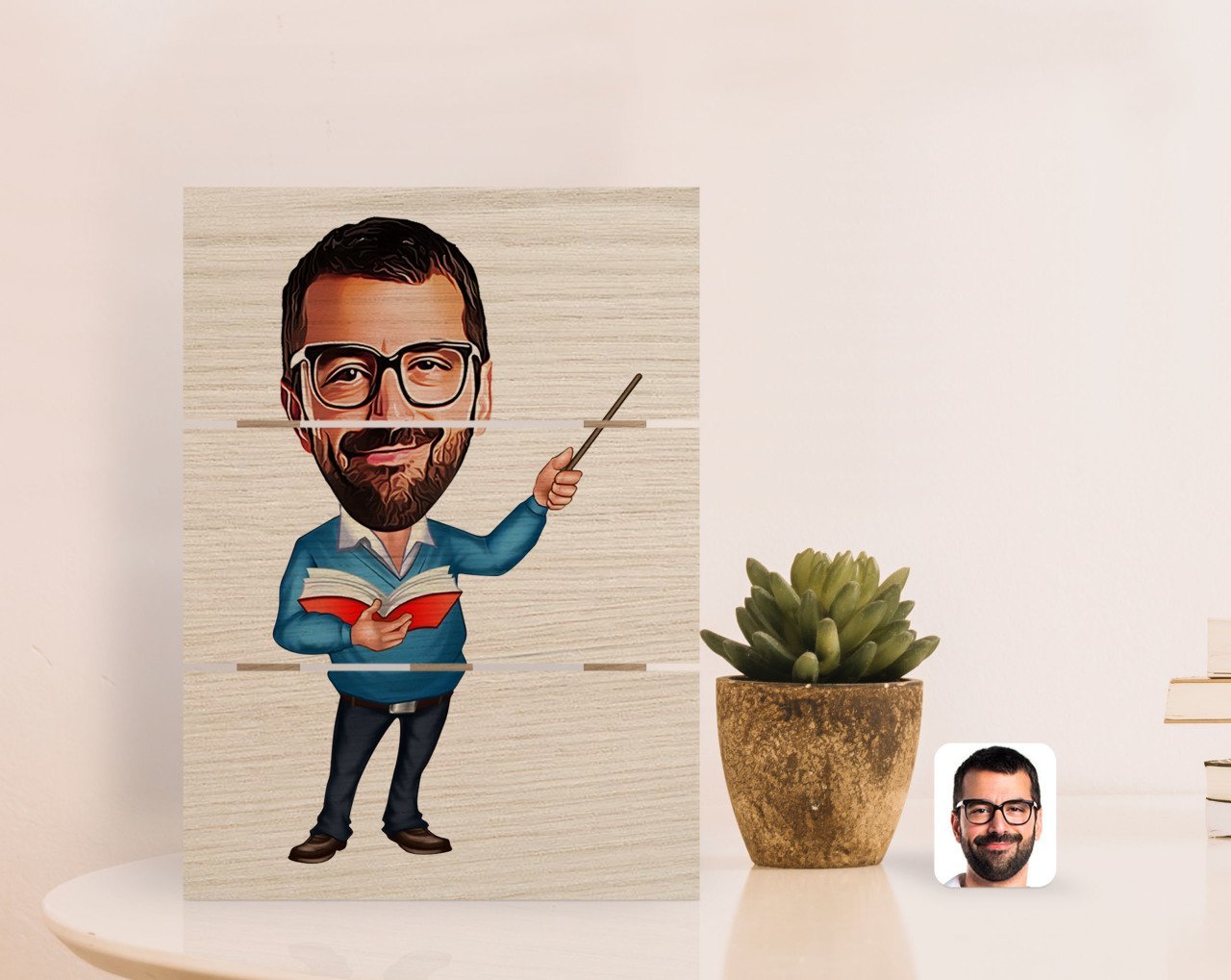 Kişiye Özel Erkek Öğretmen Karikatürlü Otantik Masaüstü Ahşap Palet Çerçeve-2