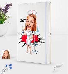 Kişiye Özel Hemşire Karikatürlü Beyaz Termo Deri Defter 16x24cm Model 2