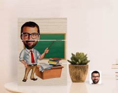Kişiye Özel Erkek Öğretmen Karikatürlü Otantik Masaüstü Ahşap Palet Çerçeve-1