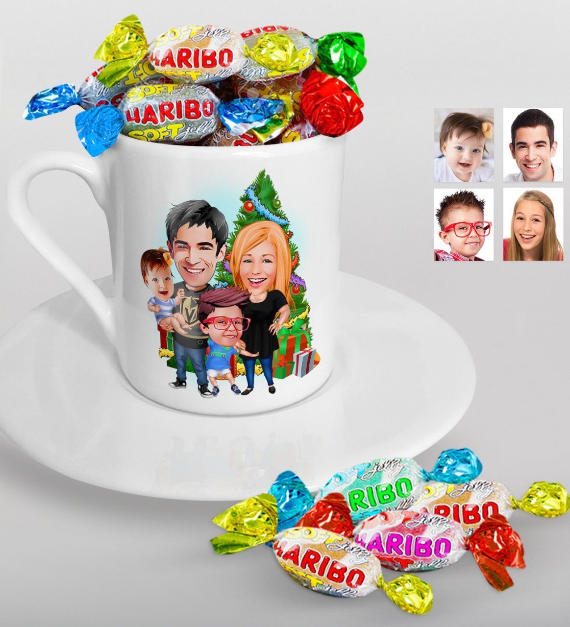 Kişiye Özel Yeni Yıl Aile Karikatürlü Türk Kahvesi Fincanı ve Haribo Şeker Hediye Seti-5