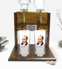 Kişiye Özel Renkli Baskılı Atatürk Tasarımlı İkili Rakı Bardağı ve Çift Musluklu Doğal Ahşap Rakı Standı-12