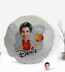 Kişiye Özel İsimli Erkek Basketbolcu Karikatürlü Yuvarlak Dekoratif Kırlent Yastık-1