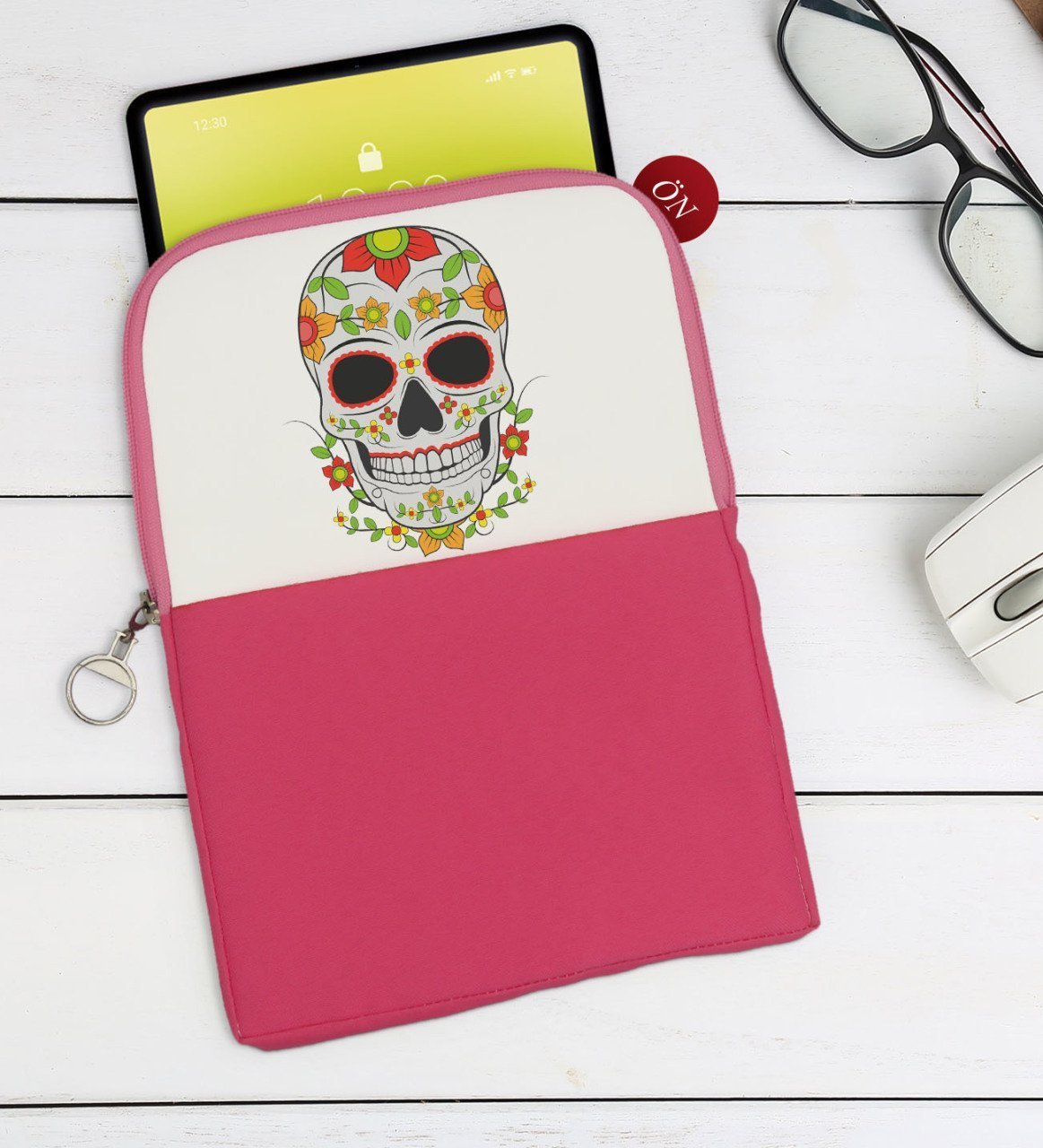 BK Gift Kurukafa Tasarımlı Taşınabilir Koruyucu Tablet Kılıfı & Organizer Çanta - Pembe-10
