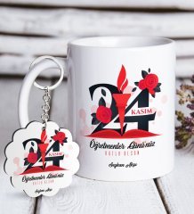 Kişiye Özel Öğretmenler Gününüz Kutlu Olsun Beyaz Kupa ve Anahtarlık Hediye Seti-1