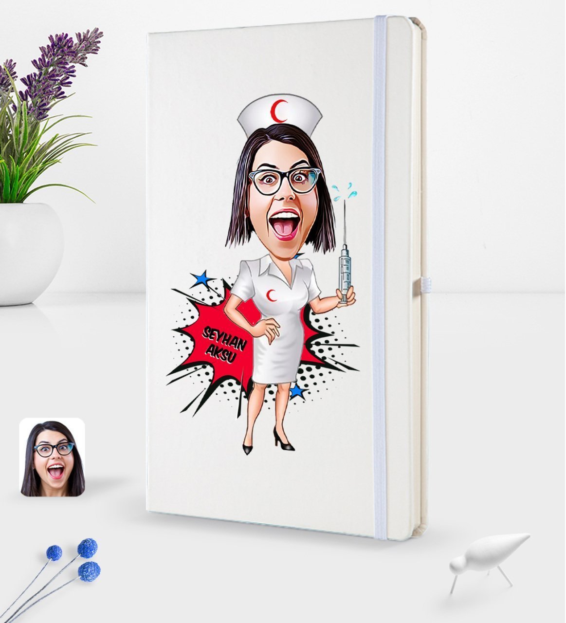 Kişiye Özel Hemşire Karikatürlü Beyaz Termo Deri Defter 16x24cm Model 1
