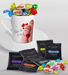 Kişiye Özel Sevgililer Günü Türk Kahvesi Fincanı Selamlique Karışık Türk Kahvesi ve Haribo Şeker Hediye Seti-80