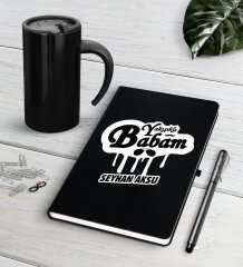 Kişiye Özel Yakışıklı Babam Siyah Defter Kalem Termos Mug Seti-2