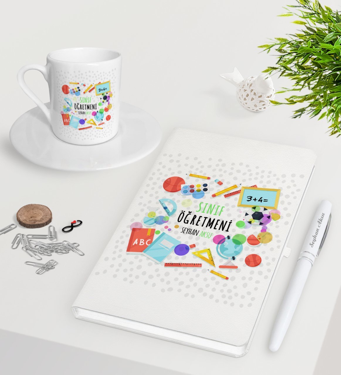 Kişiye Özel Sınıf Öğretmeni Beyaz Defter Kalem Türk Kahvesi Fincanı Seti-10