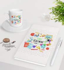 Kişiye Özel Sınıf Öğretmeni Beyaz Defter Kalem Türk Kahvesi Fincanı Seti-10
