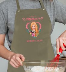BK Gift Kişiye Özel Anneler Günü Karikatürlü Profesyonel Haki Mutfak Önlüğü, Aşçı Önlüğü, Şef Önlüğü, Arkadaşa Hediye-15