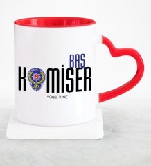Kişiye Özel Mesleki Başkomiser Kırmızı Kalpli Kupa Bardak