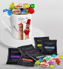 Kişiye Özel Sevgililer Günü Türk Kahvesi Fincanı Selamlique Karışık Türk Kahvesi ve Haribo Şeker Hediye Seti-79