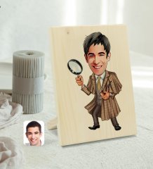 Kişiye Özel Erkek Müfettiş Karikatürlü Dekoratif Ahşap Çerçeve Model 1