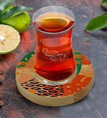Kişiye Özel Modern Art Tasarımlı Doğal Ahşap Tabaklı Heybeli Çay Bardağı Model 3