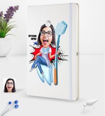 Kişiye Özel Kadın Diş Hekimi Karikatürlü Beyaz Termo Deri Defter 16x24cm Model 3