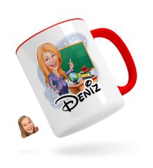 Kişiye Özel Kadın Öğretmen Karikatürlü Kırmızı Kupa Bardak-1