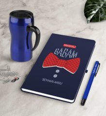 Kişiye Özel Yakışıklı Babam Lacivert Defter Kalem Termos Mug Seti-6