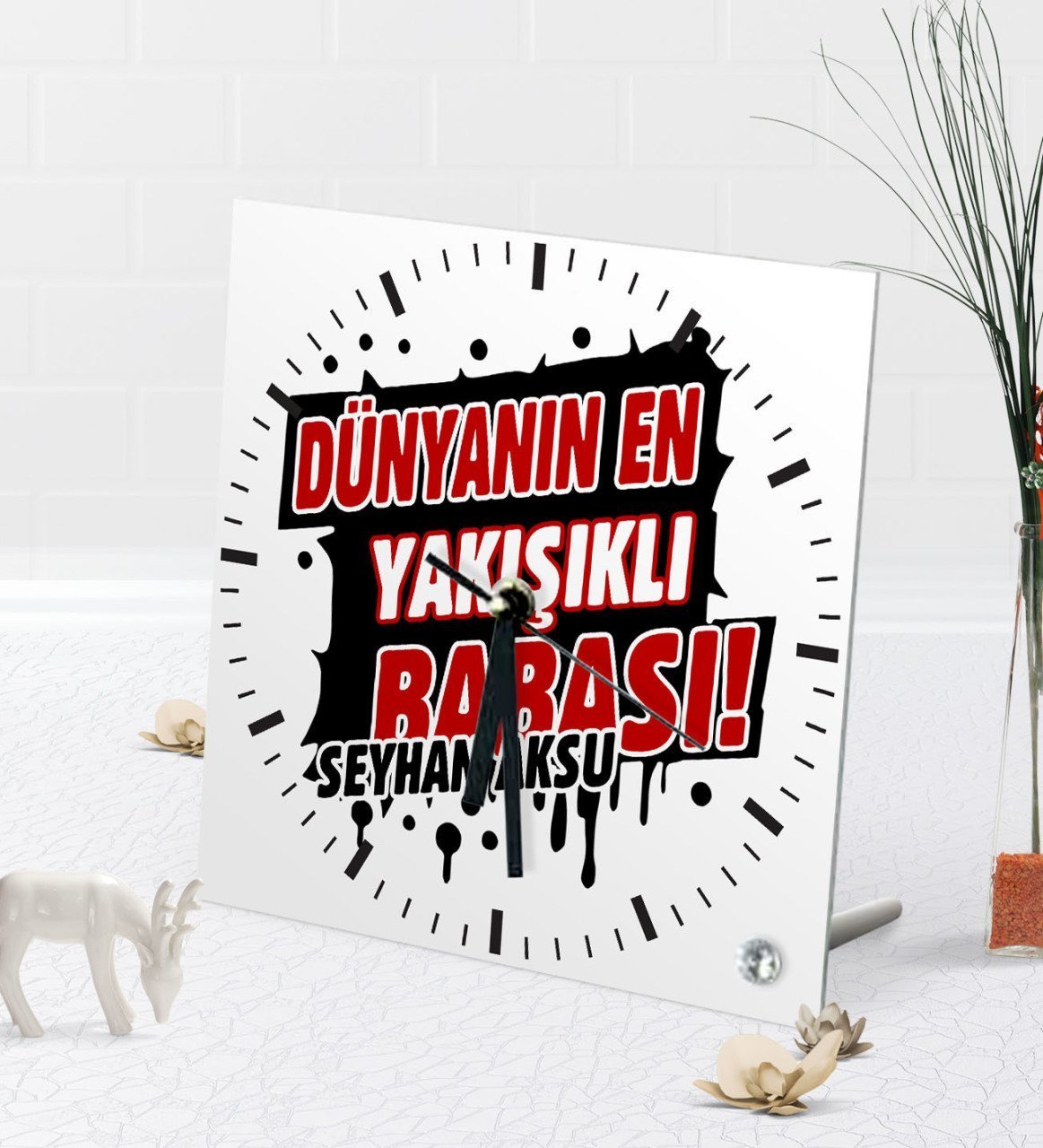 Kişiye Özel Dünyanın En Yakışıklı Babası Masaüstü Kare Cam Saat-1