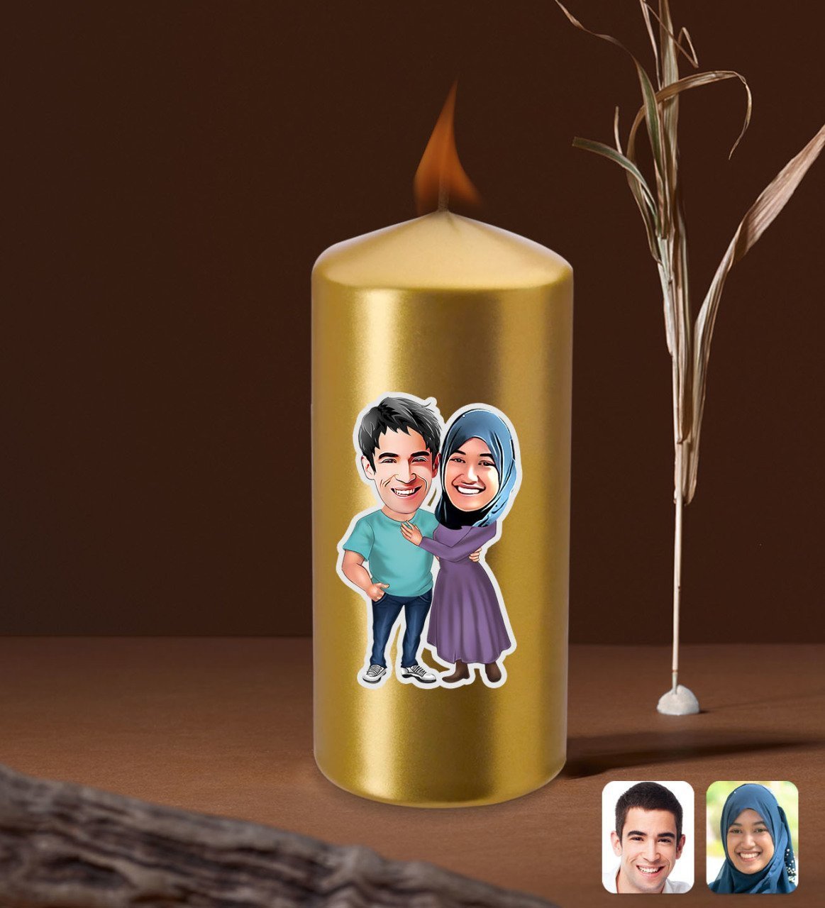 Kişiye Özel Sevgililer Karikatürlü Gold Blok Mum-61