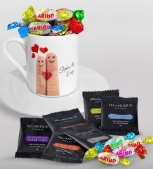 Kişiye Özel Sevgililer Günü Türk Kahvesi Fincanı Selamlique Karışık Türk Kahvesi ve Haribo Şeker Hediye Seti-78