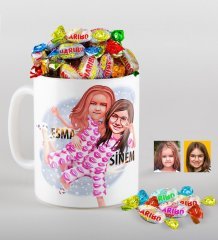 Kişiye Özel Kız Kardeşler Karikatürlü Kupa ve Haribo Şeker Hediye Seti-1