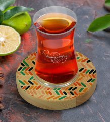 Kişiye Özel Modern Art Tasarımlı Doğal Ahşap Tabaklı Heybeli Çay Bardağı Model 2