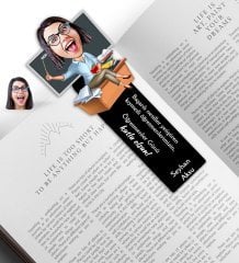 Kişiye Özel Kadın Öğretmen Karikatürlü Ahşap Kitap Ayracı-2