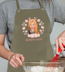 BK Gift Kişiye Özel Anneler Günü Karikatürlü Profesyonel Haki Mutfak Önlüğü, Aşçı Önlüğü, Şef Önlüğü, Arkadaşa Hediye-13