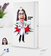 Kişiye Özel Kadın Diş Hekimi Karikatürlü Beyaz Termo Deri Defter 16x24cm Model 2