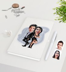 Kişiye Özel Sevgililer Karikatürlü Beyaz Defter Kalem Seti-6