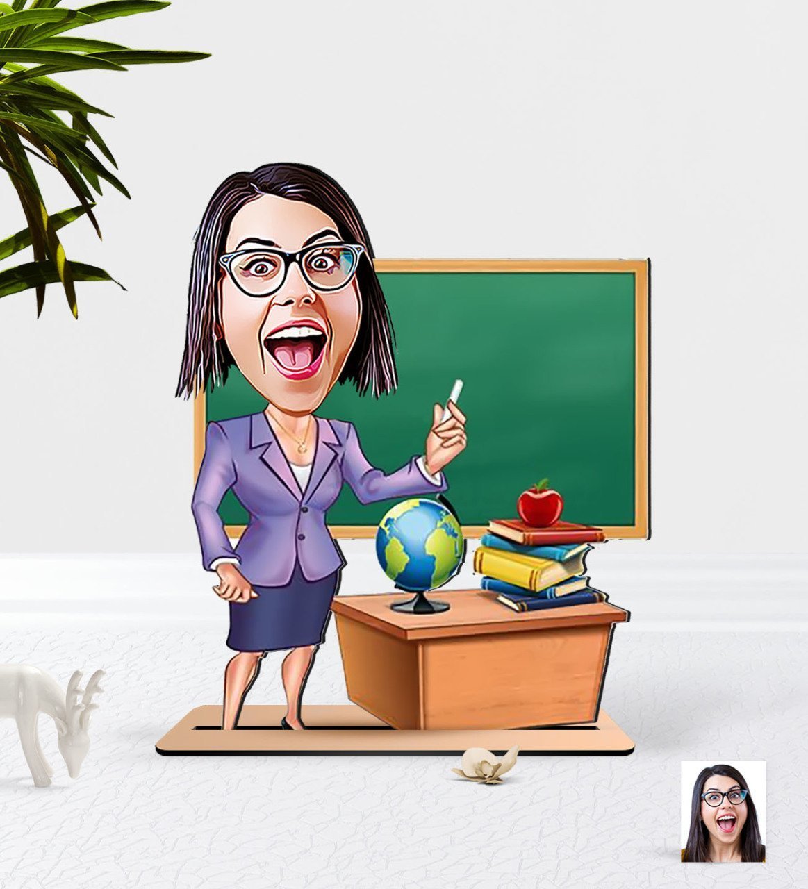 Kişiye Özel Bayan Öğretmen Karikatürlü Ahşap 3D Biblo-1
