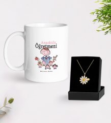 Kişiye Özel Anaokulu Öğretmeni Beyaz Kupa ve Papatya Kolye Hediye Seti-2