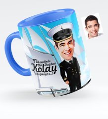 Kişiye Özel Bay Gemi Kaptanı Karikatürlü Mavi Kupa Bardak - 1