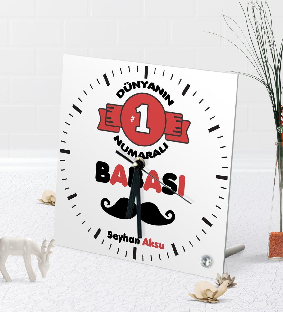 Kişiye Özel Dünyanın 1 Numaralı Babası Masaüstü Kare Cam Saat