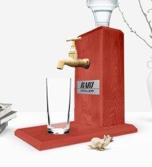 Custom Wooden Natural Rakı Stand with Tap - Tile Red