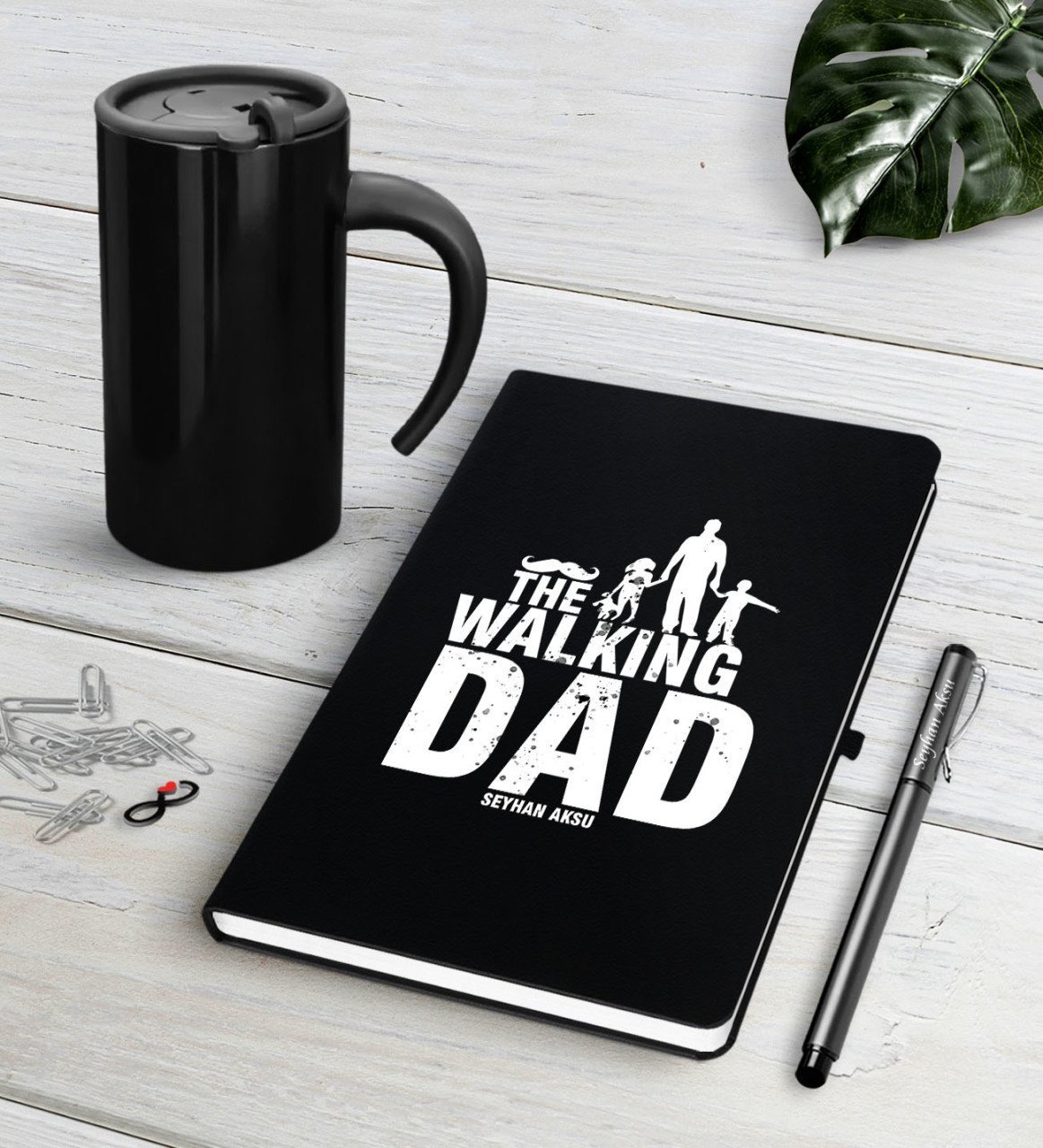 Kişiye Özel Walking Dad Siyah Defter Kalem Termos Mug Seti-1